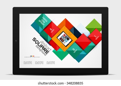 Geometric square shapes and infographic option elements with tablet. Vector illustration