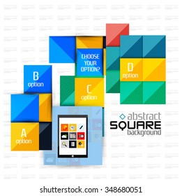 Geometric square shapes and infographic option elements with tablet. Vector illustration