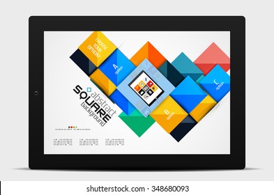 Geometric square shapes and infographic option elements with tablet. Vector illustration