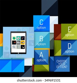 Formas cuadradas geométricas y elementos de opción infográfica con tablet. Ilustración del vector
