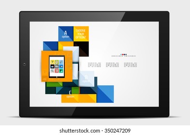 Formas cuadradas geométricas y elementos de opción infográfica con tablet. Ilustración del vector