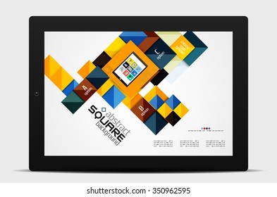 Geometric square shapes and infographic option elements with tablet. Vector illustration