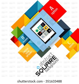 Geometric square shapes and infographic option elements with tablet. Vector illustration