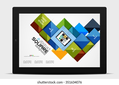 Geometric square shapes and infographic option elements with tablet. Vector illustration