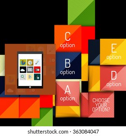 Formas cuadradas geométricas y elementos de opción infográfica con tablet
