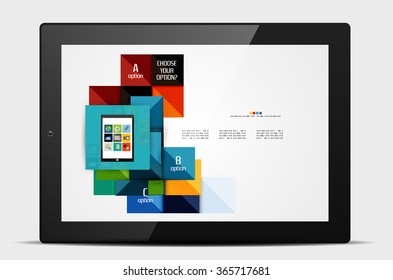 Geometric square shapes and infographic option elements with tablet