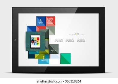 Geometric square shapes and infographic option elements with tablet