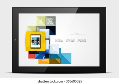 Geometrische quadratische Formen und Infografik-Optionselemente mit Tablette