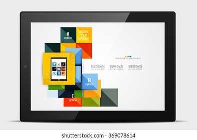 Geometric square shapes and infographic option elements with tablet