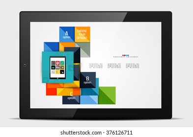 Geometric square shapes and infographic option elements with tablet