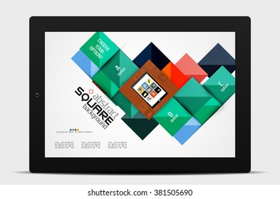 Formas cuadradas geométricas y elementos de opción infográfica con tablet