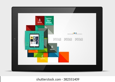 Formas cuadradas geométricas y elementos de opción infográfica con tablet