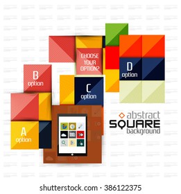 Geometric square shapes and infographic option elements with tablet