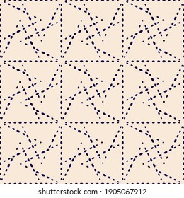 Geometric square size seamless pattern. Modern grid design. Sashico stitching template in blue. Light champagne color is easy to change. Vector 10
