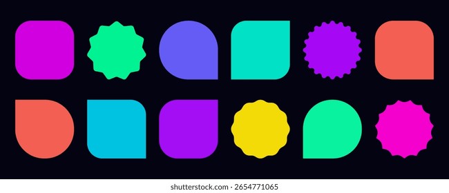 Adesivo de círculo estelar quadrado geométrico definido em cores neon. Quadros retroativos para design de promoção. Perfeito para etiquetas promocionais, adesivos de loja, textos explicativos, etiquetagem de produto, distintivo de preço, selo digital