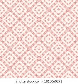 Geometric square texture. Pink vector seamless pattern with rhombuses, diamonds, squares, grid, lattice, tiles. Elegant geo ornament. Checkered background. Repeat design for decor, wallpaper, textile