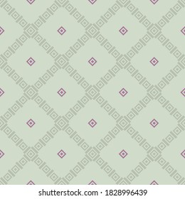 Geometric square texture. Vector seamless pattern with rhombuses, diamonds, squares, grid, tiles. Elegant geo background. Green and purple color. Repeat design for decor, wallpaper, fabric, textile