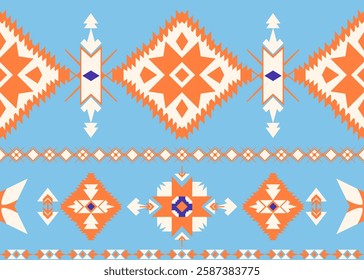 A geometric square and triangle shape ethnic pattern adorns Native American fabric, tiles, and carpets in a vector illustration