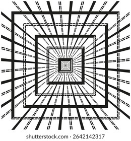 Geometric square tunnel. Receding frame illusion. Central abstract depth. Vector shape layout.