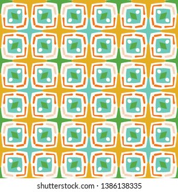 Geometric squares dot shapes seamless pattern. All over print vector background. Summer bunting fashion style. Trendy kids wallpaper, vintage home decor. Hand drawn fun textile fabric. Orange green