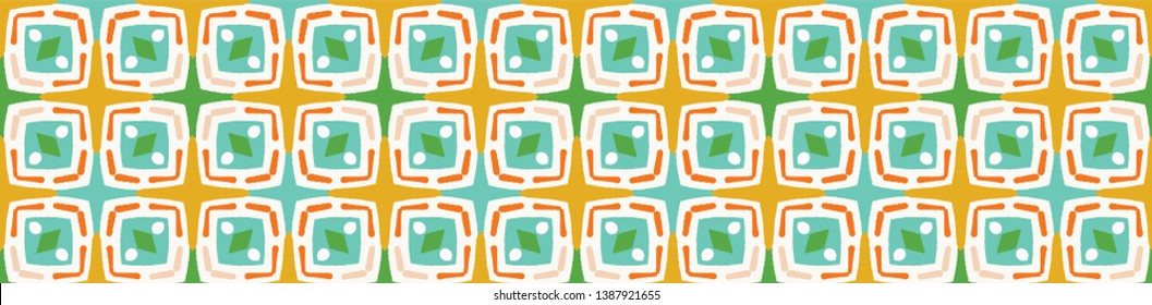 Geometric squares dot shapes seamless border pattern. Vector banner background. Retro 1960s fashion trim style. Trendy kids  vintage home decor edging . Hand drawn fun textile washi tape. Orange green