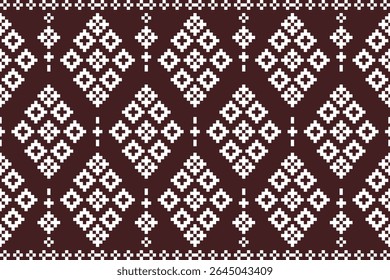 Geometric squares in floral pattern on a dark brown background. Seamless full horizontal pattern.