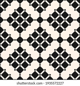Geometric squares pattern. Vector abstract black and white seamless texture with diamond grid, grill, lines, net, lattice, rhombuses. Simple monochrome background. Repeat design for print, wrap, cloth