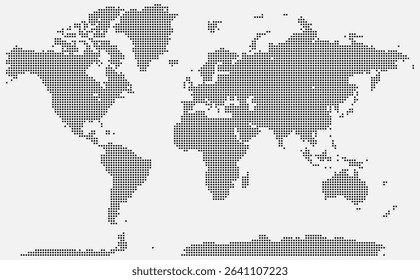 Geometric squire shape dotted world map graphic showcasing landforms and geographic data
