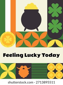 Geometric St. Patrick’s Day Poster with Pot of Gold. A festive St. Patrick’s Day greeting card with geometric icons of a pot of gold, shamrocks, leprechaun beard, and gold coins