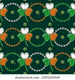 Geometric St Patricks day pattern with bead string, jewelry trefoil shamrock. Horizontal stripes with circles, clovers. National Irish colors. Vintage illustration on dark green background