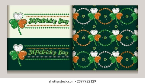 Geometric St Patricks day pattern, logo with bead strings, trefoil, shamrock. Horizontal stripes with circles, clovers. National Irish colors. Vintage illustration on dark green background