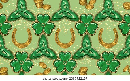 Geometric St Patricks day pattern with celtic triskele sign, golden horseshoe, coins, clover, shamrock like jewelry charms made of green enamel in golden frame.Vintage illustration on light background