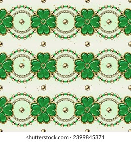 Patrón geométrico del día de St Patricks con joyas cadenas doradas, cuentas, encantos como afortunados 4 hojas shamrock. Bandas horizontales con círculos, tréboles. Ilustración vintage sobre fondo blanco