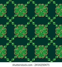 Patrón geométrico del día de St Patricks con cuerdas de abalorios, encantos como afortunados 4 hojas shamrock. Cuadrícula diagonal clásica. Ilustración vintage en estilo joyero