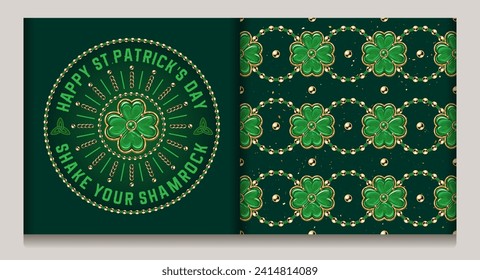 Patrón geométrico del día de St Patricks, etiqueta con texto, joyería cadenas doradas, cuentas, encantos como afortunados 4 hojas shamrock. Bandas horizontales con círculos, tréboles ilustración de época sobre fondo oscuro