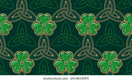 Geometric St Patricks day pattern with celtic triskele sign, gold chains, clover, shamrock like jewelry charm made of green enamel in golden frame. Vintage illustration on dark green background