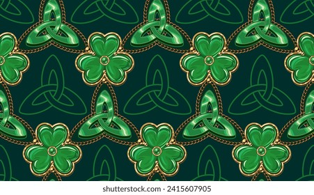 Geometric St Patricks day pattern with celtic triskele sign, gold chains, clover, shamrock like jewelry charms made of green enamel in golden frame. Vintage illustration on dark green background