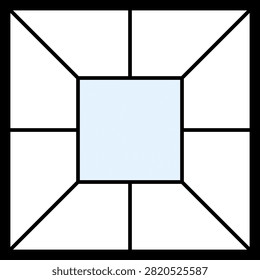 Geometric stained glass window pattern design with thick black lines and light blue center square white background illustration