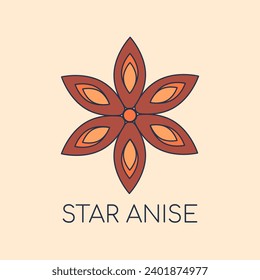 Geometric Star Anise Illustration with text. Symmetrical symbol Cinnamon. Aromatic Seasoning for Baking. Mulled wine spices. Condiment logo Color image with outline. Flat style. Vector illustration