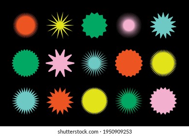 Geometric Star Burst Shape Stickers. Colored Stamps, Stars, Round Emblems. Bright Symbols, Set Of Badges In Vector