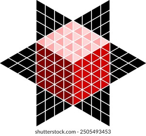 A geometric star composed of various colored triangles, with gradients and contrast giving the star a three-dimensional appearance. A combination of cubes and stars with a 3d appearance.