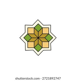 Design geométrico de estrelas. Estrela de oito pontas com quadrados alternados de cor verde e castanho. Design simples e limpo em um fundo branco. Adequado para fundos, padrões ou logotipos.