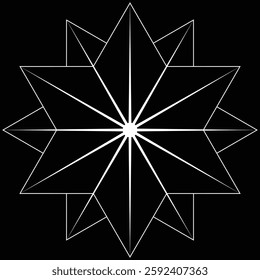 Geometric star design with radiating lines and sharp points, white lines against a black background creating a striking pattern.