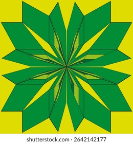 Geometric star icon. Green yellow petals. Kaleidoscope floral shape. Vector symmetry pattern.