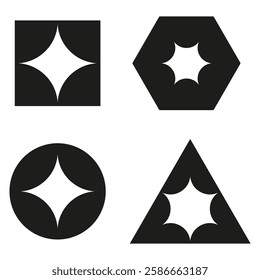 Geometric star icons. Abstract shape collection. Black symmetric figures. Vector graphic set.
