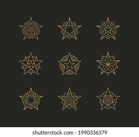 Geometric star icons, logos set. Linear star shape for hero brand, champion or winner award design concept.