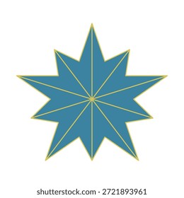 Ilustração em estrela geométrica. Forma de estrela de oito pontas em azul-petróleo com contorno dourado e linhas internas, centradas em um fundo branco. Elemento de design limpo e moderno.