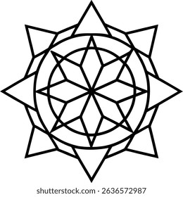 Geometric star mandala with bold symmetrical lines and abstract pattern in black outline