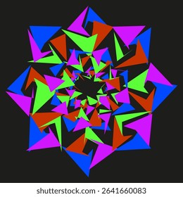 Geometric star mandala. Kaleidoscope vector pattern. Vibrant multicolor petals. Black background contrast.