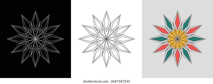 Geometric star mandala with straight lines and bright accents for bold decorative art.